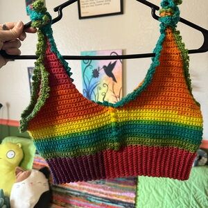 Hand crocheted rainbow top medium